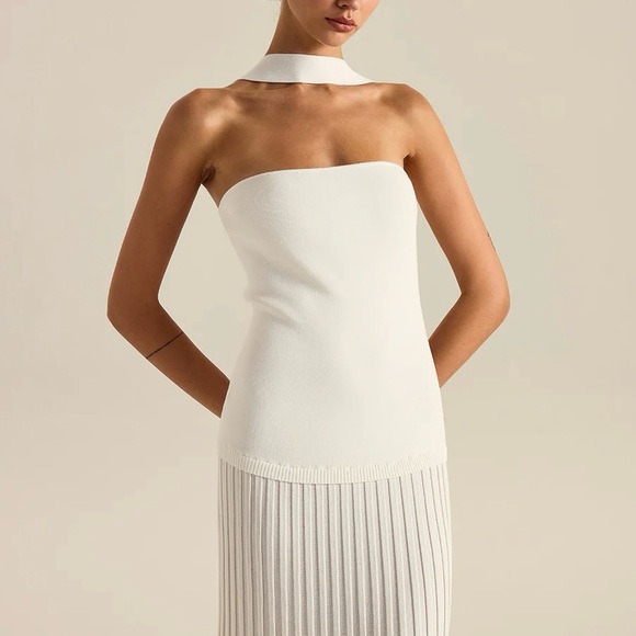 Commense Pleated Knit Halter Maxi Dress Large NWT Ivory Off White - Picture 3 of 13